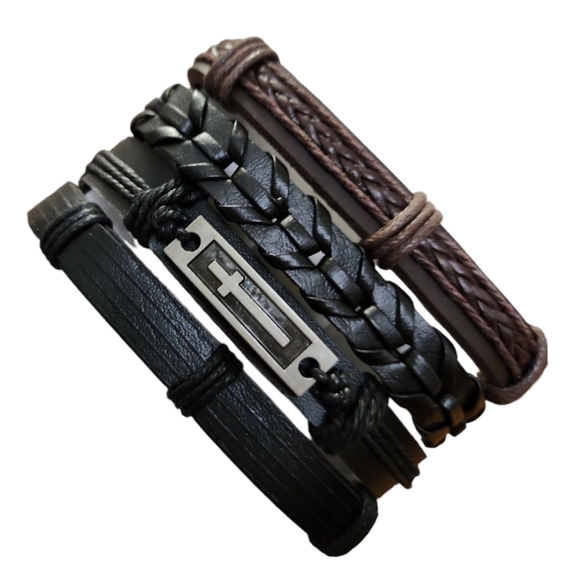 Unisex Leather Bracelet 4 Piece Set - Picture 1 of 8